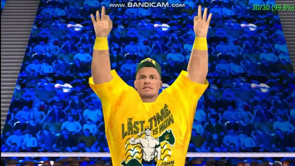 John Cena entrance in WWE 2K25 GENESIS PSP mod wearing yellow โThe Last Time Is Nowโ T-shirt during Crown Jewel Perth 2025 event.