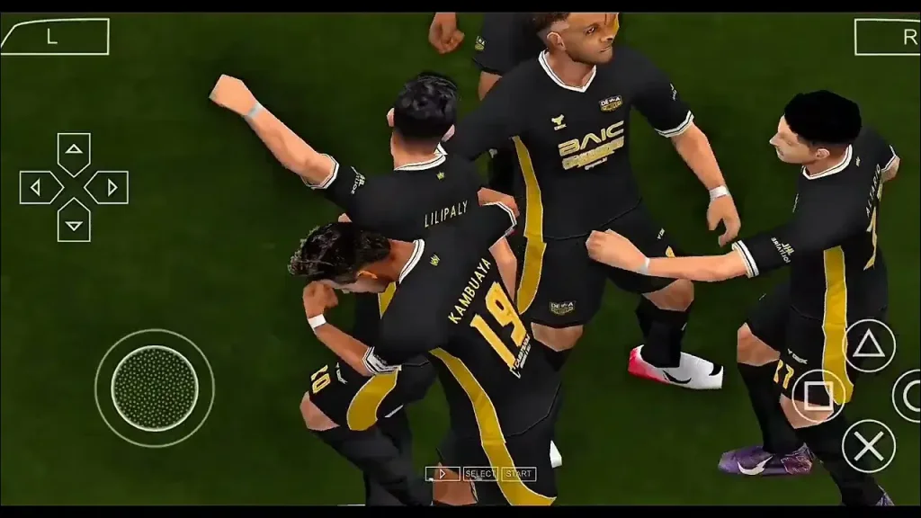 eFootball PES 2026 PSP gameplay showing Indonesian League players celebrating a goal in black and yellow kits, with PPSSPP on-screen controls visible during a Europa-style match.