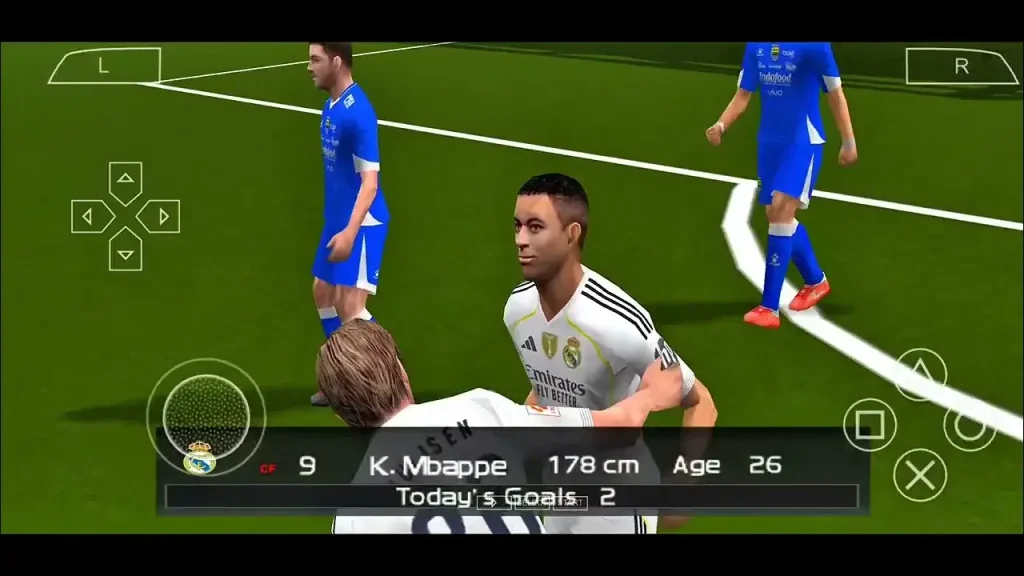 Kylian Mbappé celebrating a goal on the football pitch, running with arms outstretched, fans cheering in the stadium”