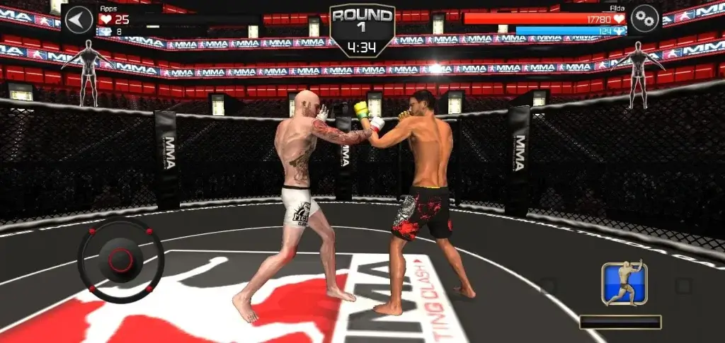 MMA Fighting APK 2025 Android gameplay showing intense cage battle between fighters.
