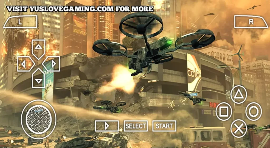 Call of Duty Black Ops 2 PSP Mod — A futuristic warzone scene with combat drones flying over a destroyed city, explosions, burning buildings, and an overlaid PSP-style control interface.