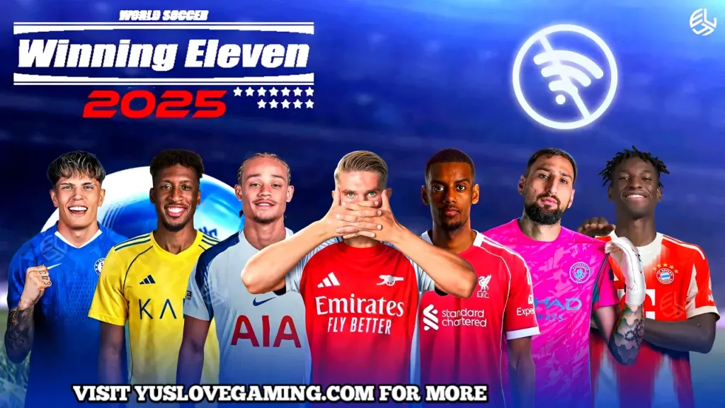 Winning Eleven 2025 (WE 25) latest version download cover showing football players on the pitch with updated graphics and modern gameplay interface.