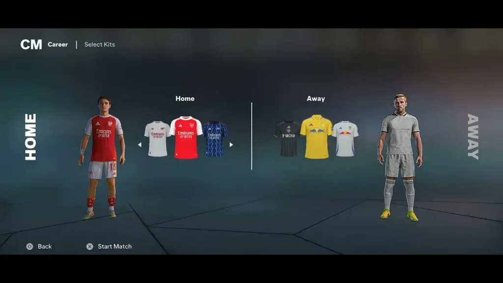 FIFA 16 MOD DFL 26 kit selection screen showing HD Arsenal kits.