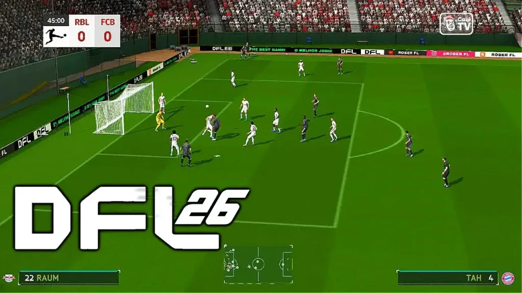 FIFA 16 MOD DFL 26 match screenshot showing updated stadium, HD player kits, and realistic ball physics.