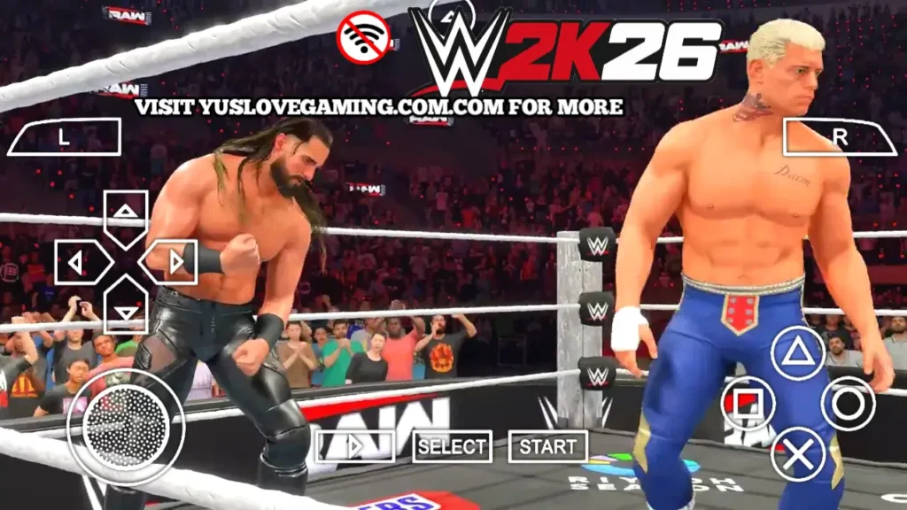 WWE 2K26 PPSSPP match screenshot showing upgraded graphics and HD superstar textures.