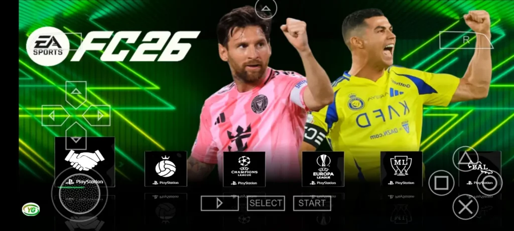 FC 26 PPSSPP mode selection menu showing tournaments and leagues.