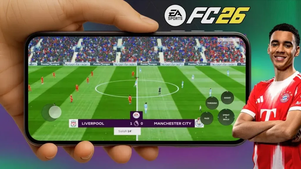 FIFA 14 MOD EA SPORTS FC 26 Android main menu showing updated UI and new season theme.
