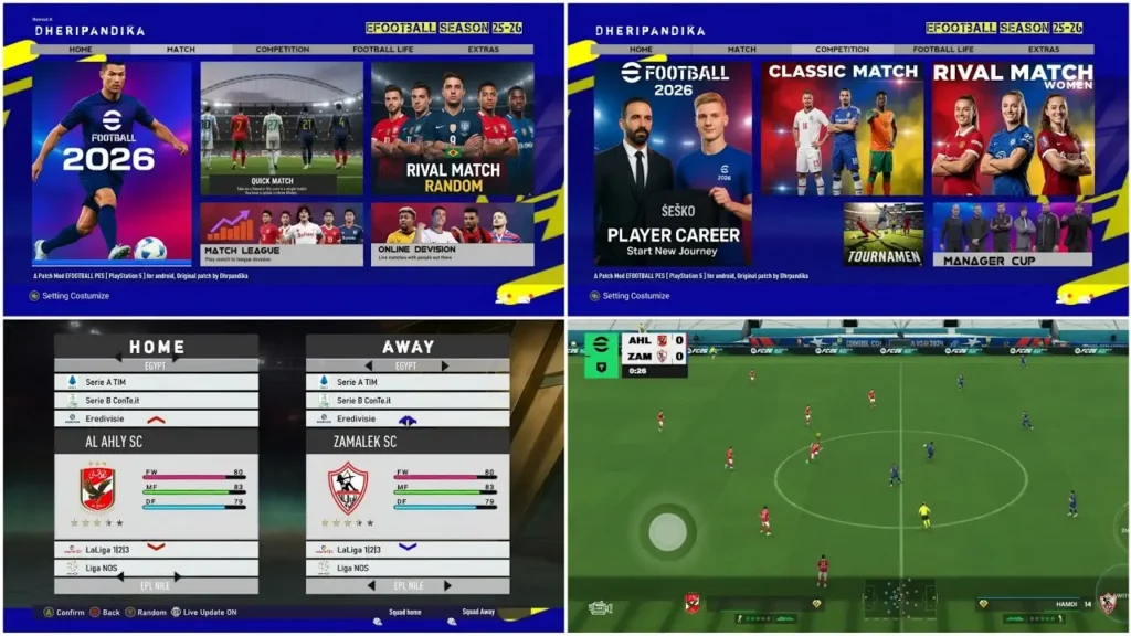 FIFA 16 Mod eFootball 2026 gameplay showing HD grass and improved player models during a match, alongside the mode selection menu featuring tournaments, manager mode, and other game options for mobile.