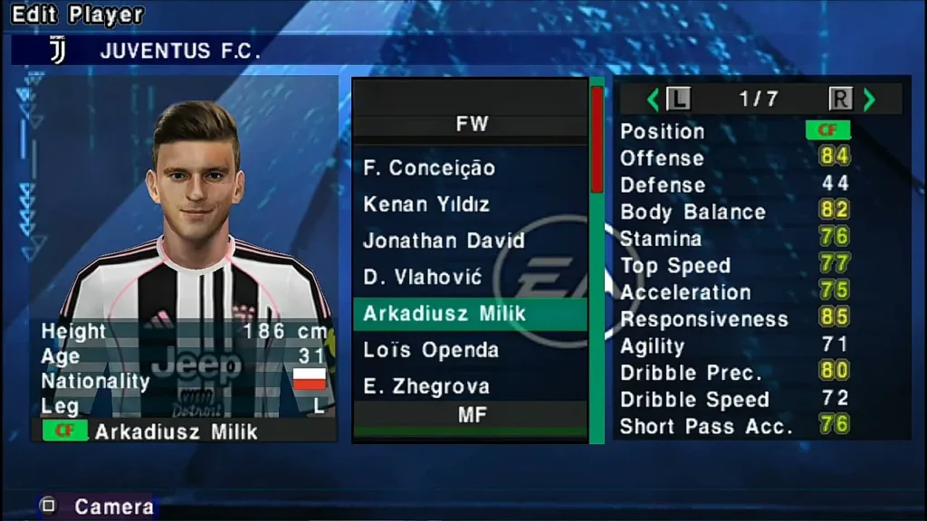 FC 26 PPSSPP squad selection screen showing updated transfers and real faces.