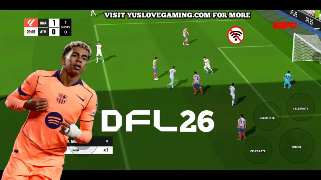 DFL 26 in-match gameplay showing stadium crowd, pitch detail, and lighting effects.