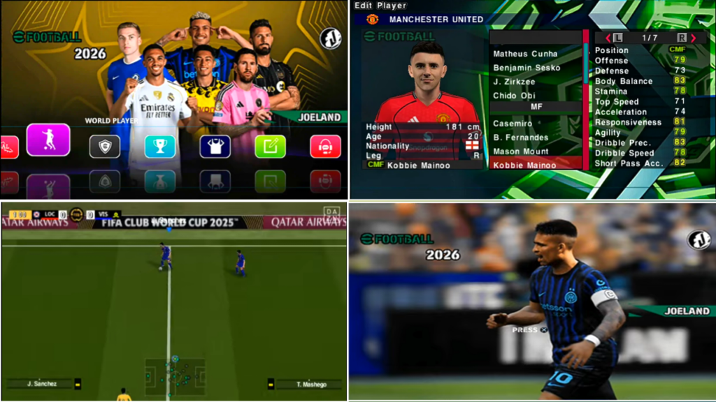 eFootball PES 2026 PSP ISO in-match screenshot showing updated HD kits and stadium lighting.