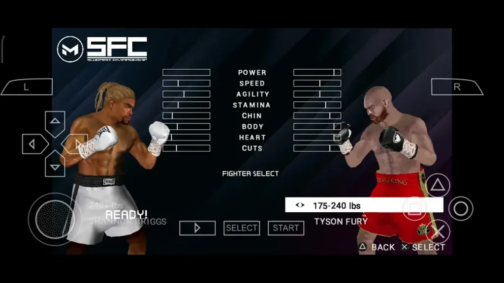Fight Night Round 3 PPSSPP mode selection screen showing career and tournament options.