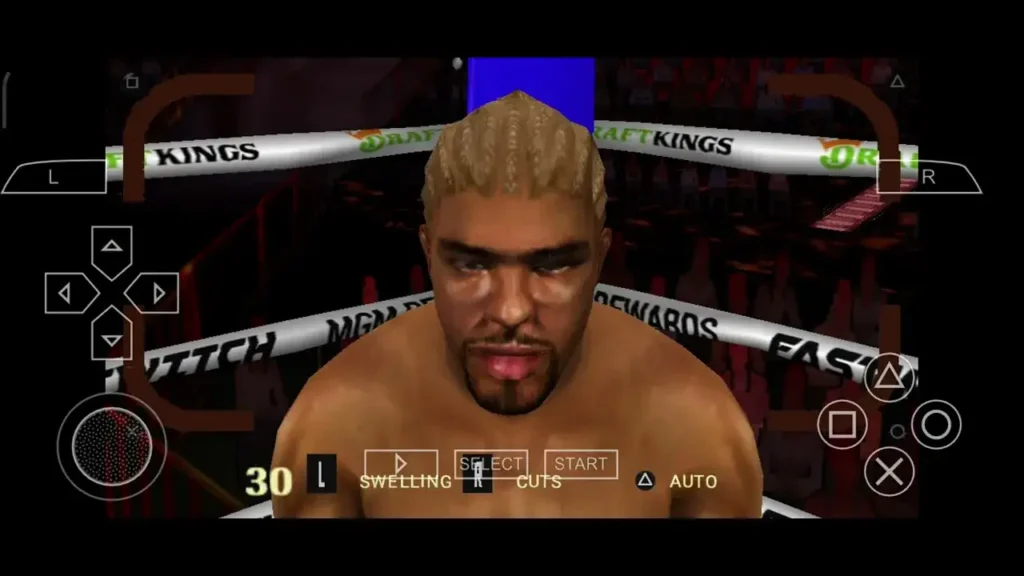 Fight Night Round 3 PPSSPP in-match screenshot showing HD arena and crowd reactions.