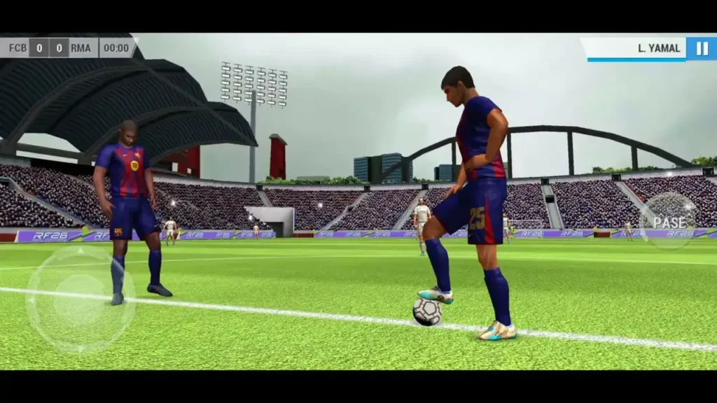 
Screenshot from Real Football 2026 (RF 26) mobile game showing an offline match between FC Barcelona and Real Madrid. Two Barcelona players in blue-and-red kits stand at kickoff, one resting a foot on the ball. The scoreboard reads FCB 0–0 RMA at 00:00, with a packed stadium, floodlights, and on-screen controls visible.

