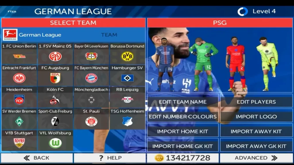 Android offline football game screenshot featuring FTS 26 HD player faces and new stadium lighting.