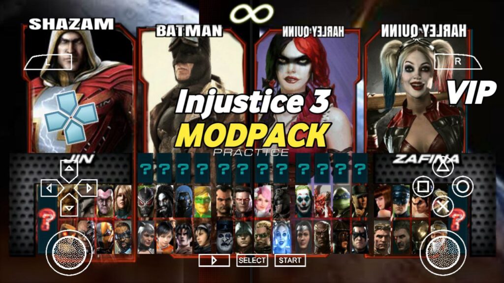 Injustice 3 PPSSPP Modpack gameplay showing Batman and God Emperor Doom in a high-definition arena.