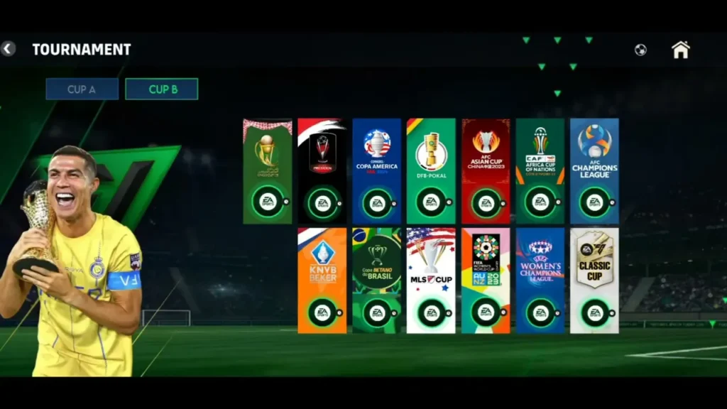 EA SPORTS FC 26 mobile offline tournament mode menu with updated manager options and real faces.