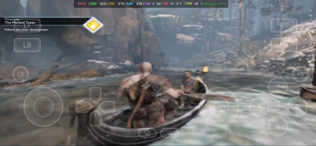 God of War 4 Lite Android gameplay showing Kratos combat via Gamehub Emulator