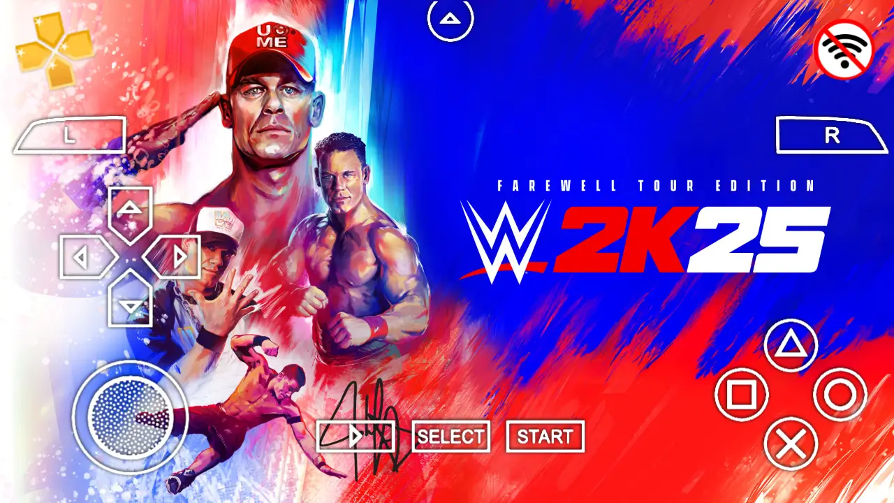 WWE 2K25 PSP gameplay on Android showing wrestlers in ring with HD graphics and PPSSPP emulator interface