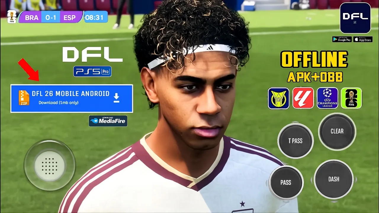 FIFA 16 MOD DFL 2026 OBB gameplay showing HD stadiums, pitch textures, and realistic football visuals on Android