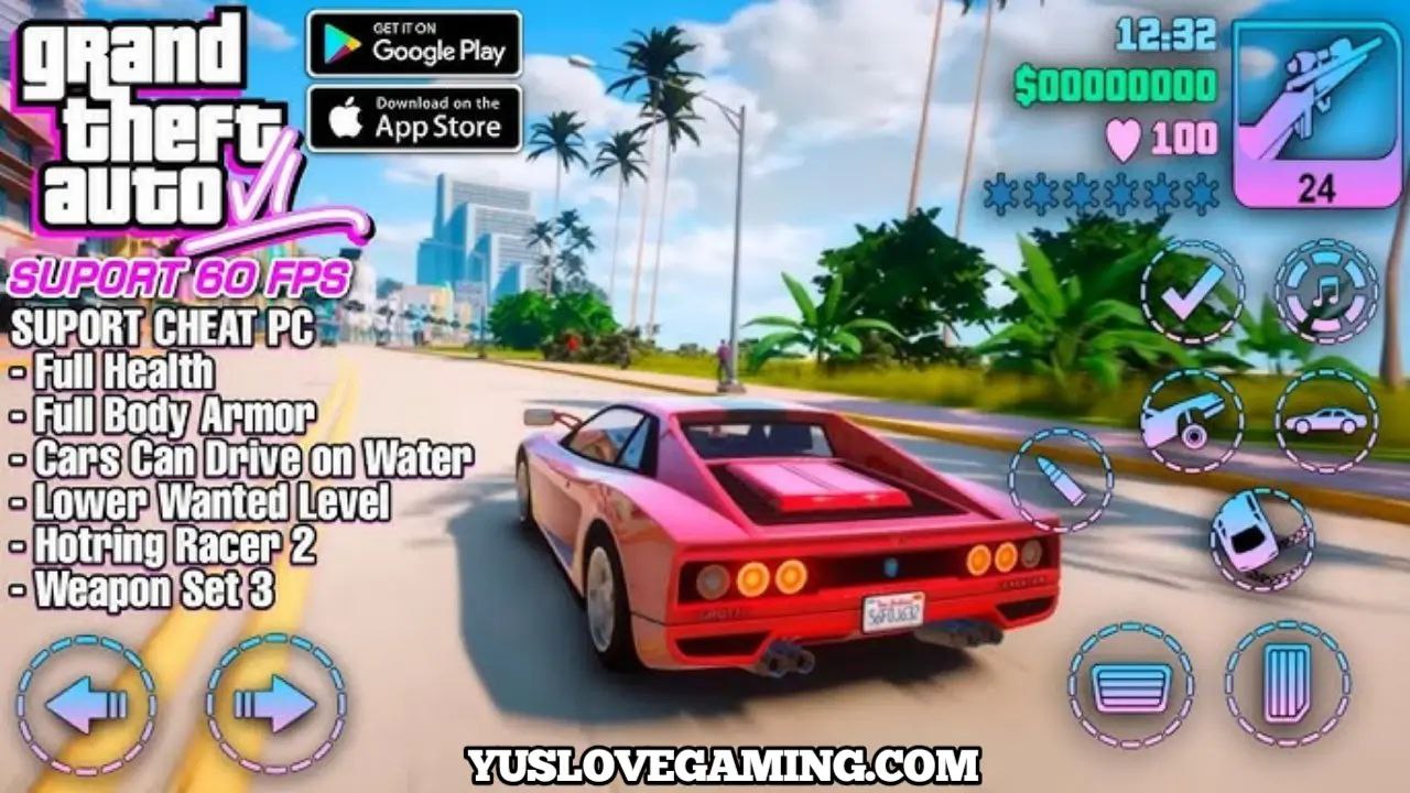 GTA Vice City Android gameplay showing Tommy Vercetti in open world city with cars and neon 1980s environment.