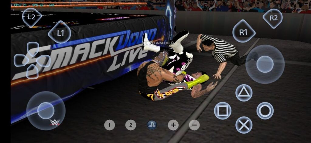Dolphin Emulator interface running WWE game on Android device